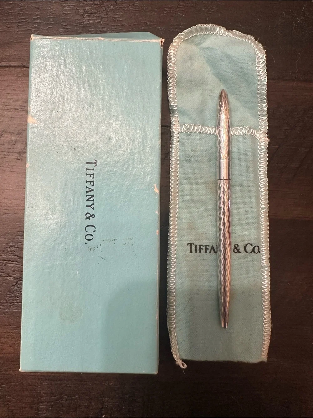Tiffany & Co. Silver Textured Ballpoint Pen with Tiffany Blue Pouch and Box